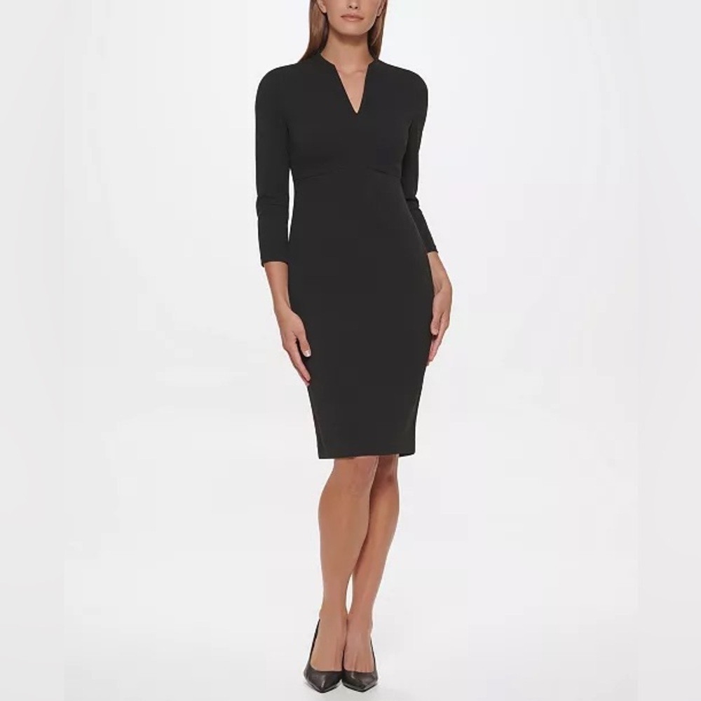 Calvin Klein Women’s Black Elegant V-Neck Elbow Sleeve Cocktail Office Dress